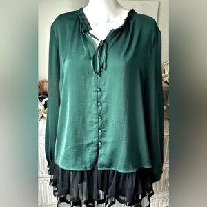 Acoa Button Down Blouse Ruffled Long Balloon Sleeves in Kelly Green Plus Size 2X